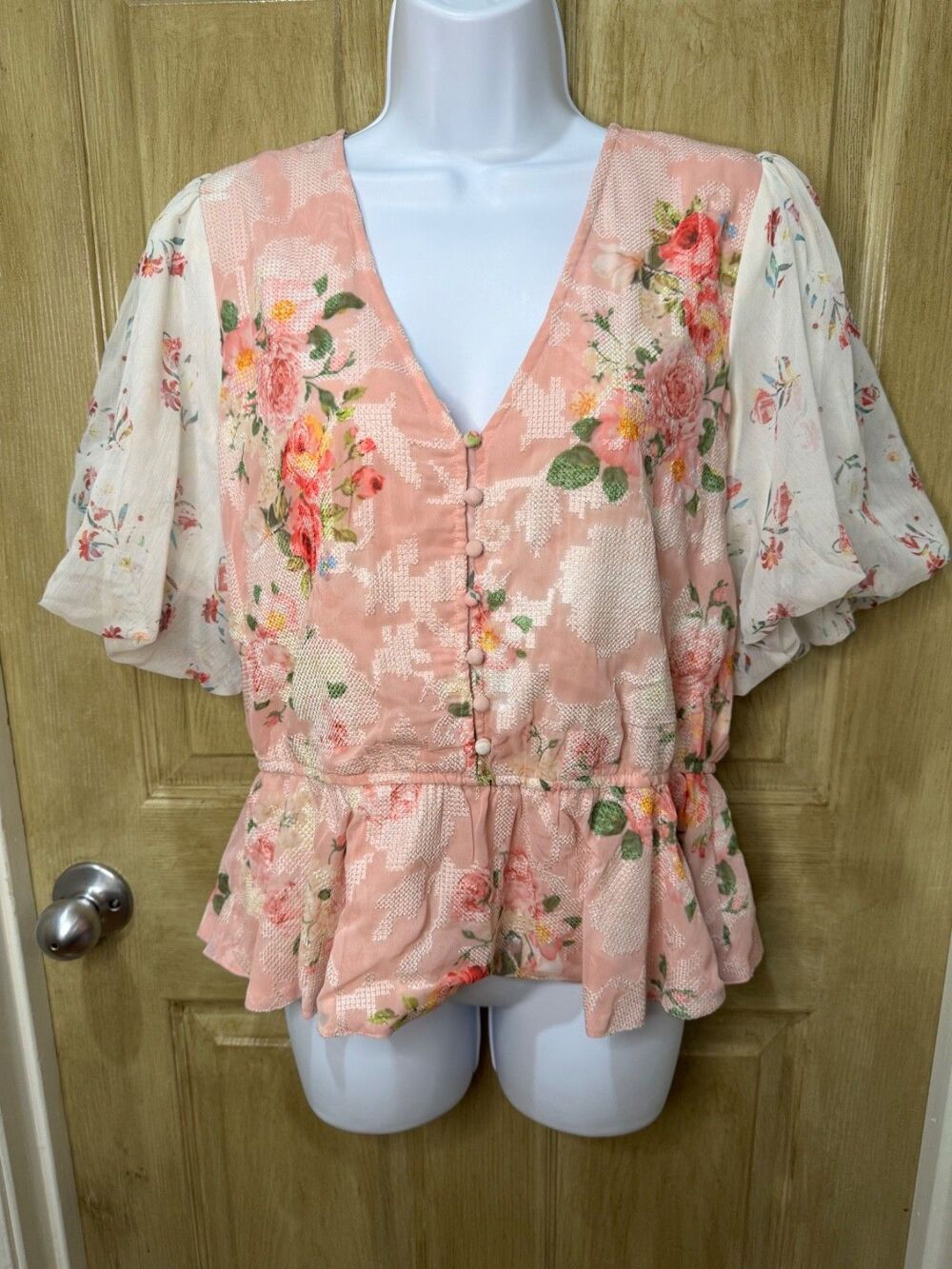 Hemant & Nandita Top Medium Womens Anthropologie Floral Bubble Sleeve Peplum